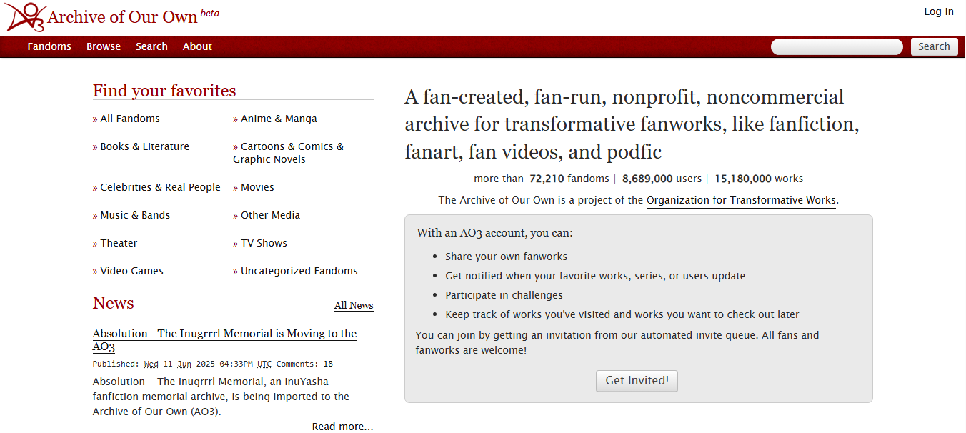 AO3 Homepage